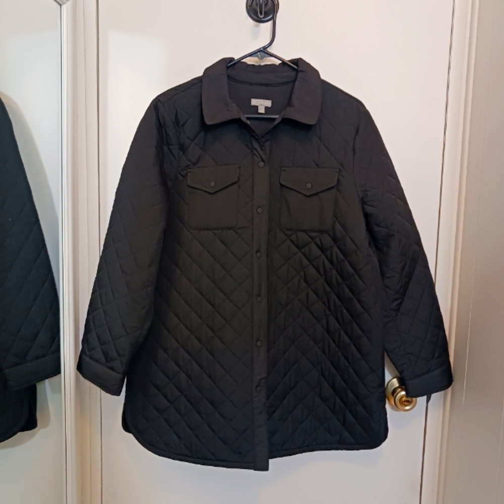 TALBOT'S Quilted Puffer Jacket Shacket PL Mid Length Black Pockets Classic NWOT